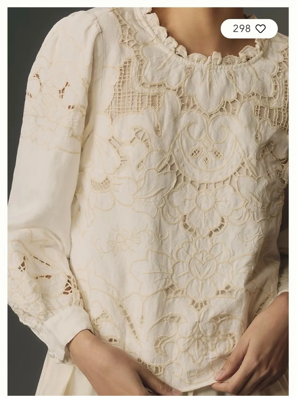 Anthropologie Lainie High Neck Ivory Lace Cutwork Long-Sleeve Blouse